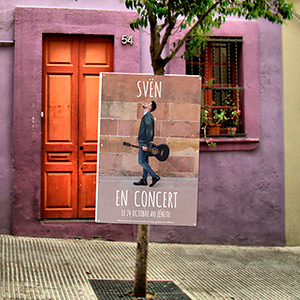 Ce cache-poteau de Nantes annonce une concert à venir d'un artiste.